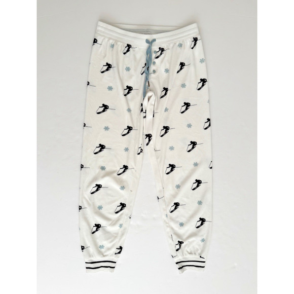 PJ Salvage Pajama Set Small White Black Snow Skiers Blue Snowflakes Winter NWOT - Picture 3 of 8